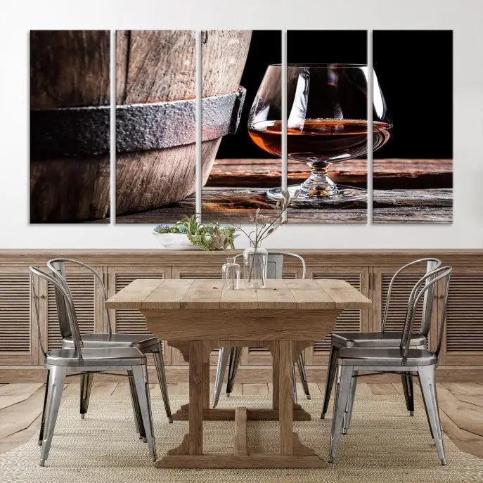 The Scots Whiskey Wall Art Canvas Print, a triptych gallery-wrapped piece crafted with museum-quality precision, showcases a barrel and a glass of whiskey on a wooden table. It includes a UV-protective coating for durability.