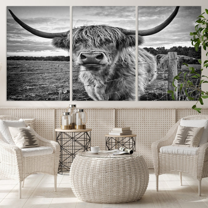 Scottish Highland Cow Canvas Wall Art Farmhouse Decor, Framed Scottish Highland Cow Print