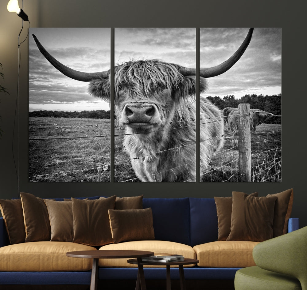 Scottish Highland Cow Canvas Wall Art Farmhouse Decor, Framed Scottish Highland Cow Print