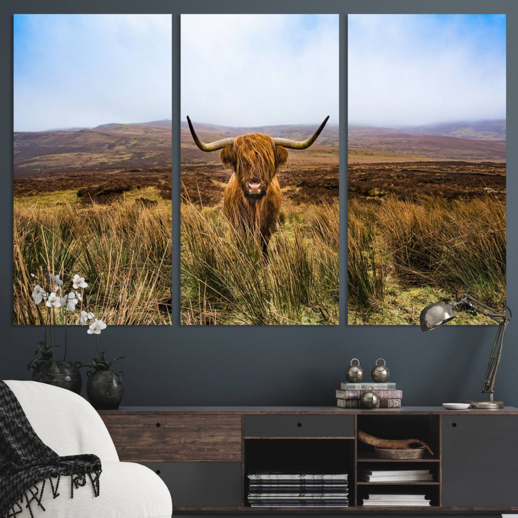 36762-MGV-CV-48X32-3P-Scottish Highland Cow Cattle Art Canvas Print Farmhouse Wall Art Canvas Print