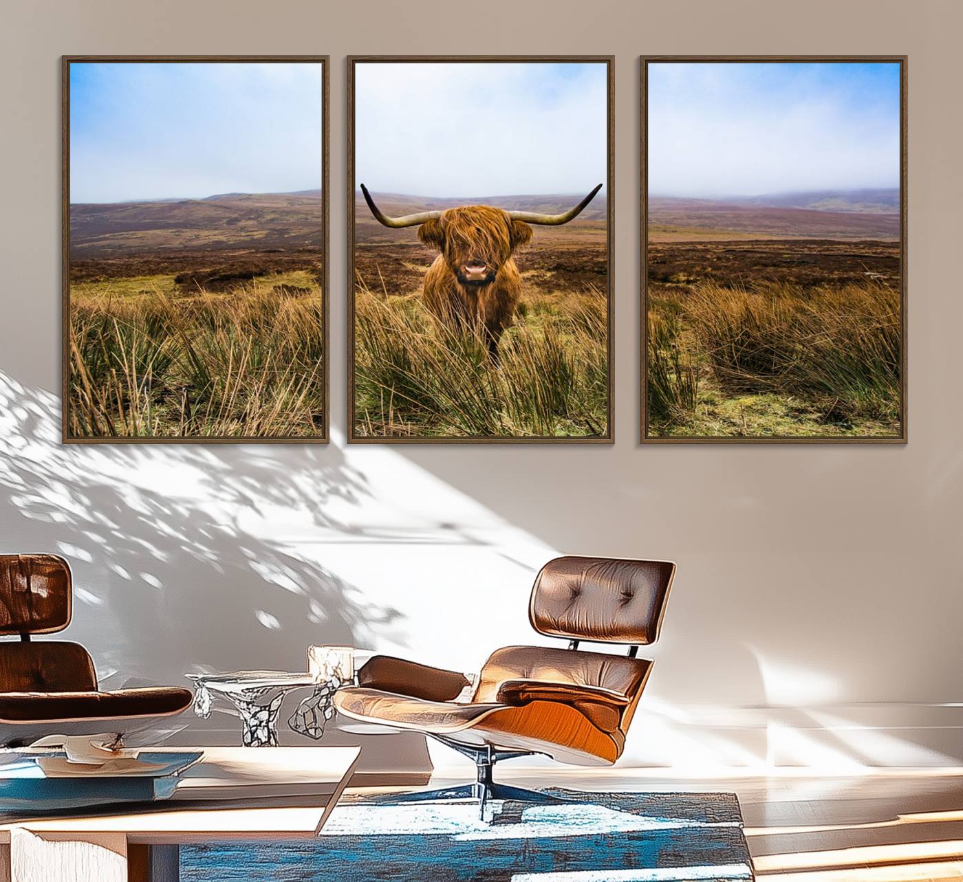 36762-MGV-FC-60X30-3P_Walnut-Scottish Highland Cow Cattle Art Canvas Print Farmhouse Wall Art Canvas Print