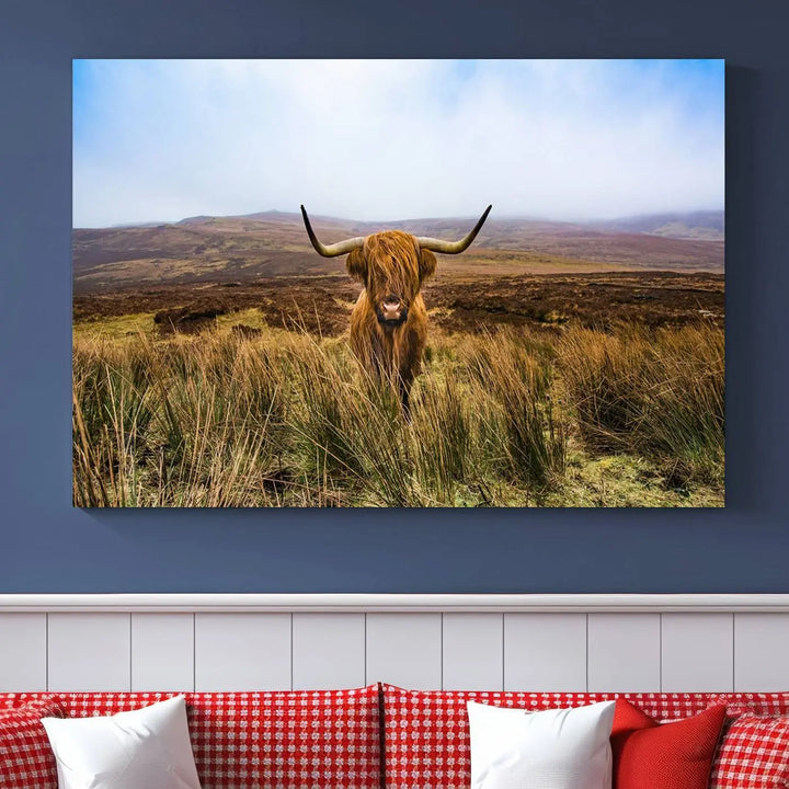 Scottish Highland Cow Cattle Art Print on Farmhouse Wall Art Canvas, crafted on premium gallery-wrapped, museum-quality canvas.