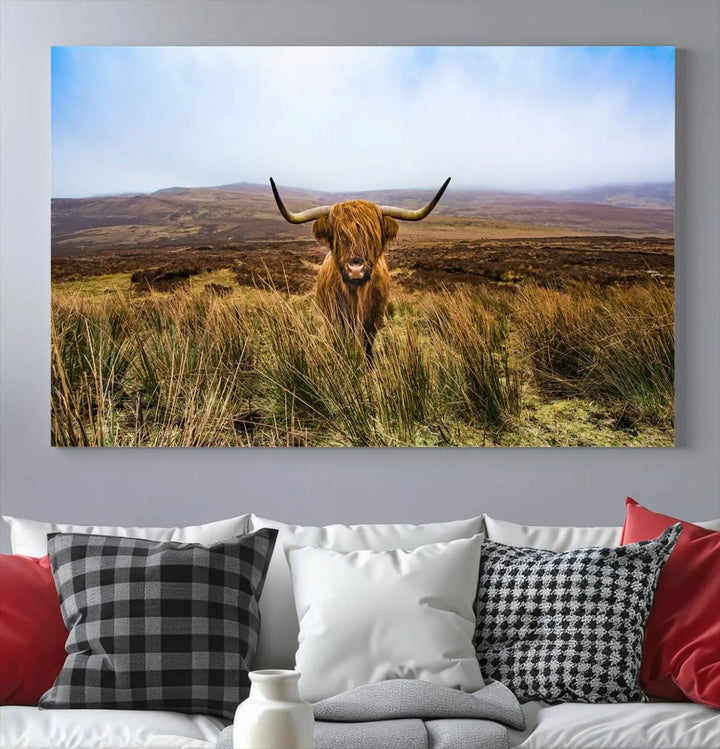 Scottish Highland Cow Cattle Art Print on Farmhouse Wall Art Canvas, crafted on premium gallery-wrapped, museum-quality canvas.