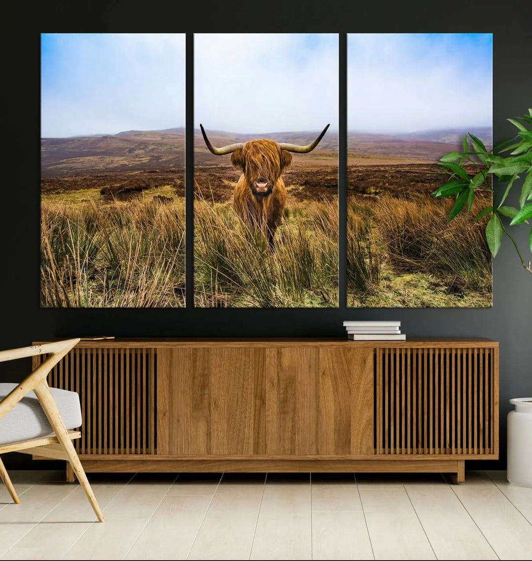 Scottish Highland Cow Cattle Art Print on Farmhouse Wall Art Canvas, crafted on premium gallery-wrapped, museum-quality canvas.