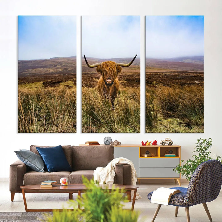 Scottish Highland Cow Cattle Art Print on Farmhouse Wall Art Canvas, crafted on premium gallery-wrapped, museum-quality canvas.