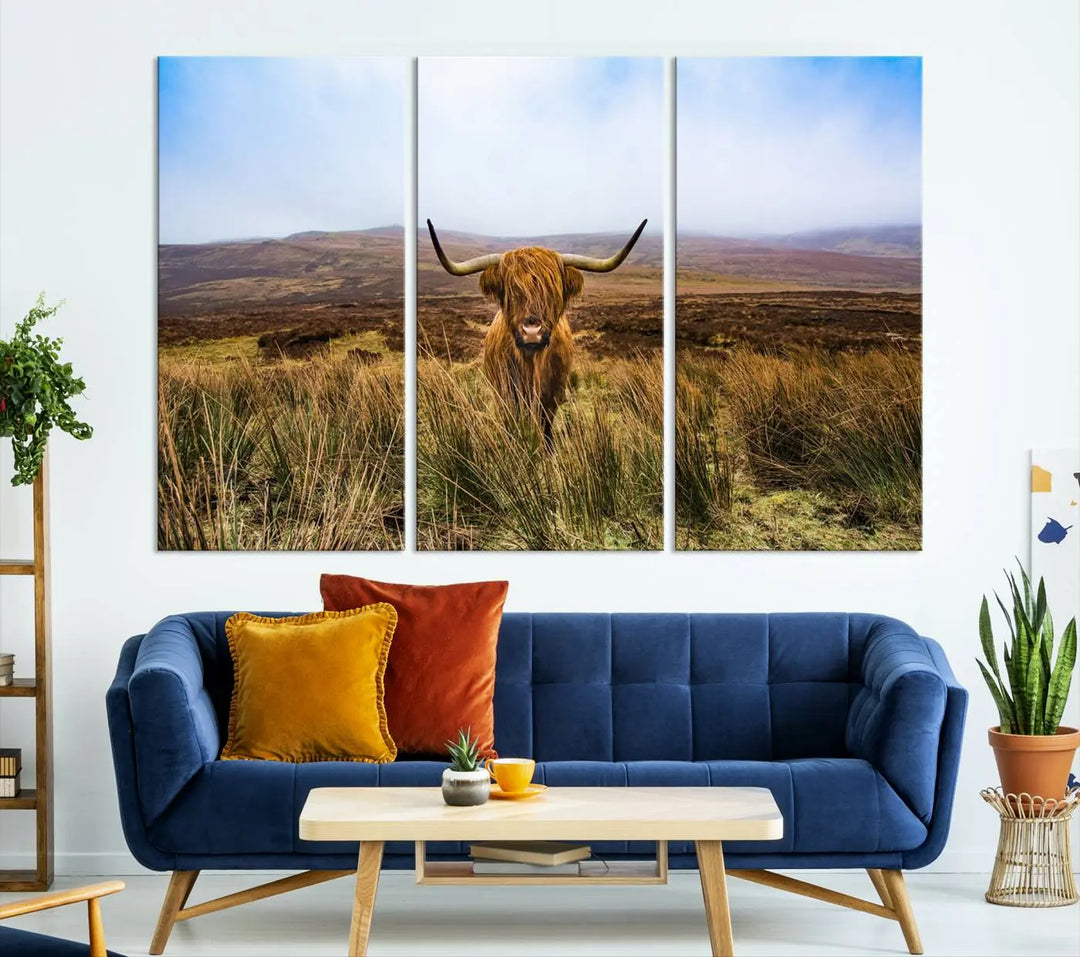 Scottish Highland Cow Cattle Art Print on Farmhouse Wall Art Canvas, crafted on premium gallery-wrapped, museum-quality canvas.