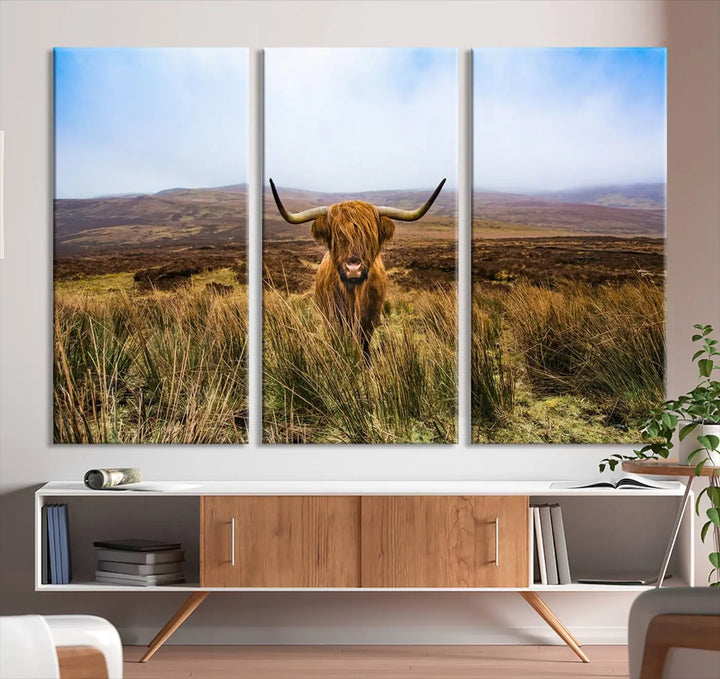 Scottish Highland Cow Cattle Art Print on Farmhouse Wall Art Canvas, crafted on premium gallery-wrapped, museum-quality canvas.