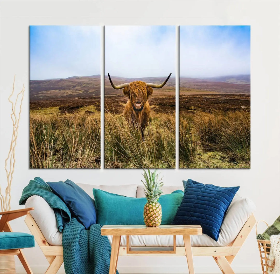 Scottish Highland Cow Cattle Art Print on Farmhouse Wall Art Canvas, crafted on premium gallery-wrapped, museum-quality canvas.