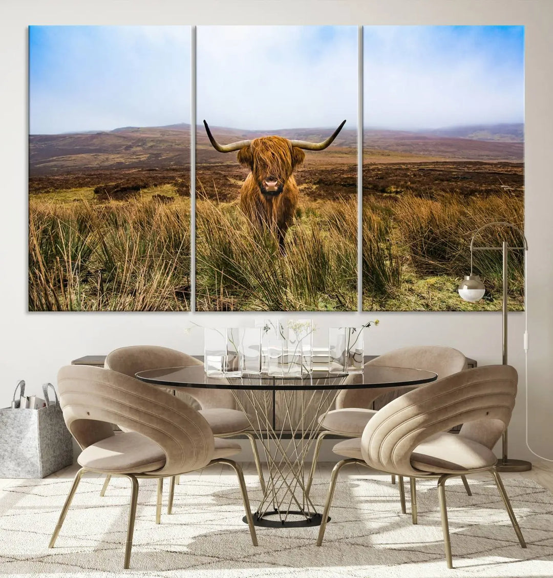 Scottish Highland Cow Cattle Art Print on Farmhouse Wall Art Canvas, crafted on premium gallery-wrapped, museum-quality canvas.