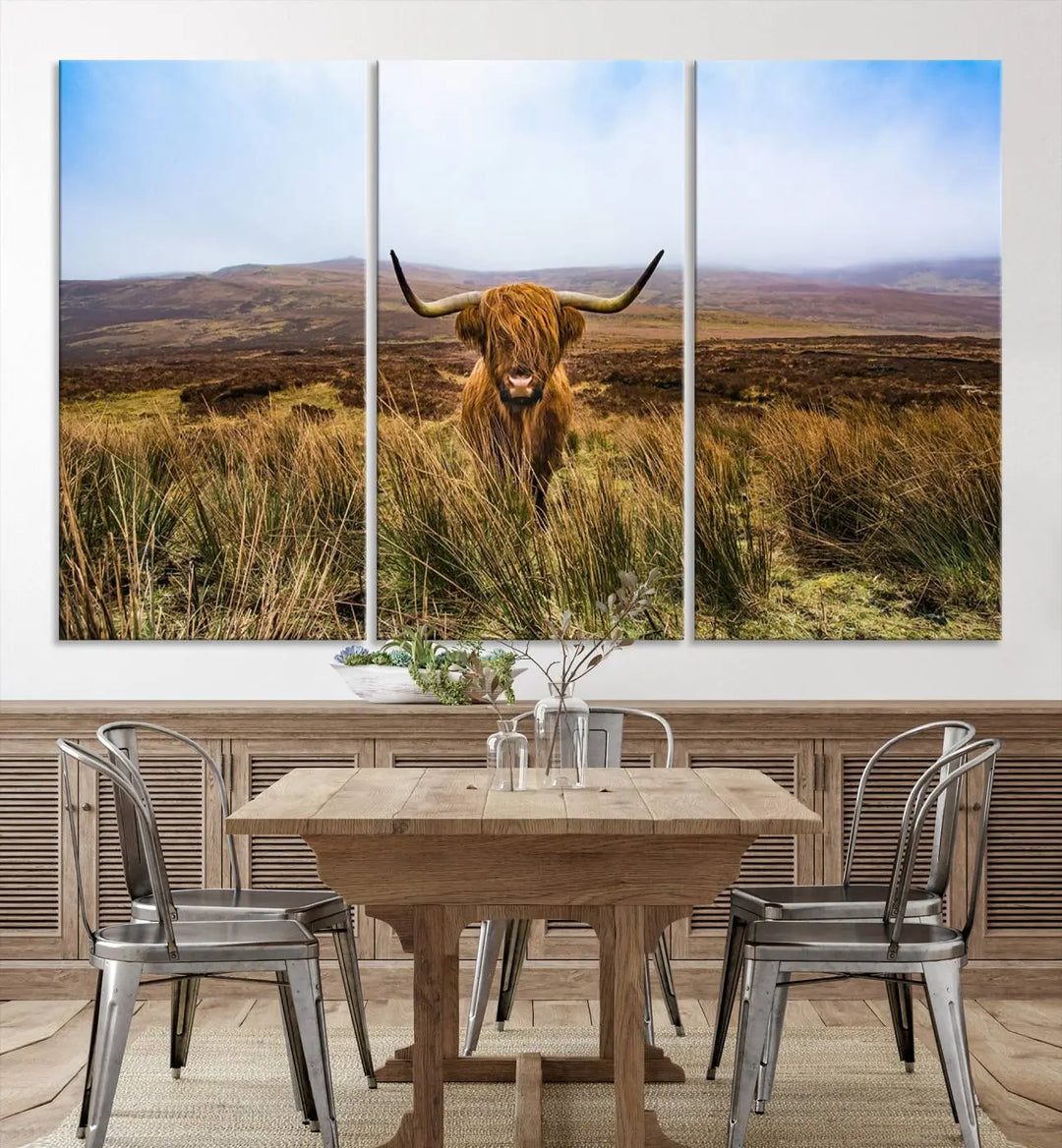 Scottish Highland Cow Cattle Art Print on Farmhouse Wall Art Canvas, crafted on premium gallery-wrapped, museum-quality canvas.