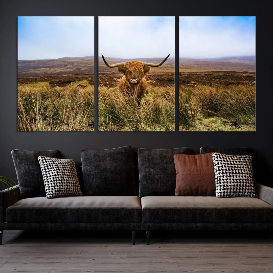 Scottish Highland Cow Cattle Art Print on Farmhouse Wall Art Canvas, crafted on premium gallery-wrapped, museum-quality canvas.