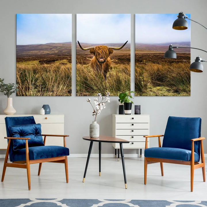 Scottish Highland Cow Cattle Art Print on Farmhouse Wall Art Canvas, crafted on premium gallery-wrapped, museum-quality canvas.