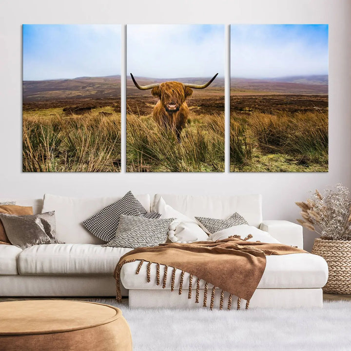 Scottish Highland Cow Cattle Art Print on Farmhouse Wall Art Canvas, crafted on premium gallery-wrapped, museum-quality canvas.