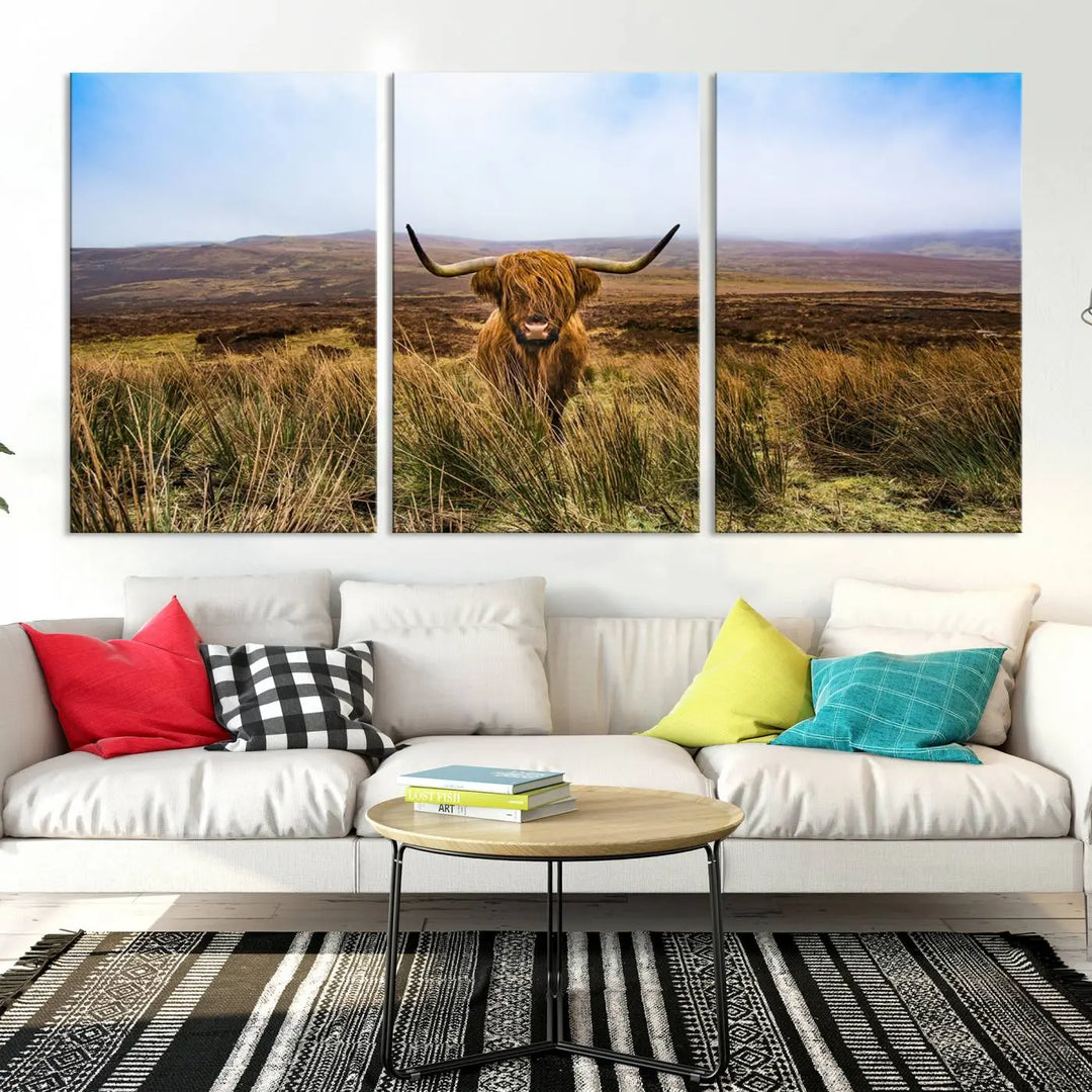 Scottish Highland Cow Cattle Art Print on Farmhouse Wall Art Canvas, crafted on premium gallery-wrapped, museum-quality canvas.