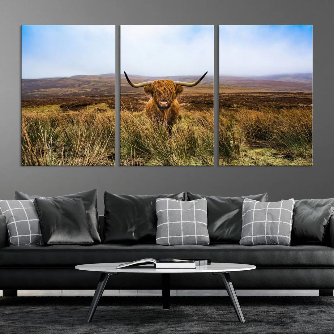 Scottish Highland Cow Cattle Art Print on Farmhouse Wall Art Canvas, crafted on premium gallery-wrapped, museum-quality canvas.