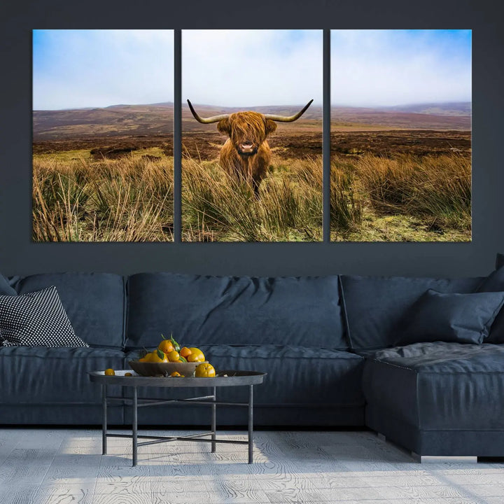 Scottish Highland Cow Cattle Art Print on Farmhouse Wall Art Canvas, crafted on premium gallery-wrapped, museum-quality canvas.