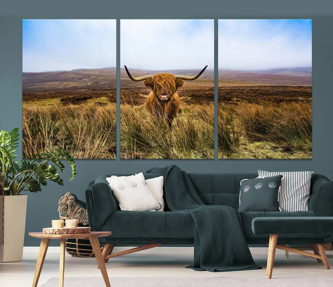 Scottish Highland Cow Cattle Art Print on Farmhouse Wall Art Canvas, crafted on premium gallery-wrapped, museum-quality canvas.