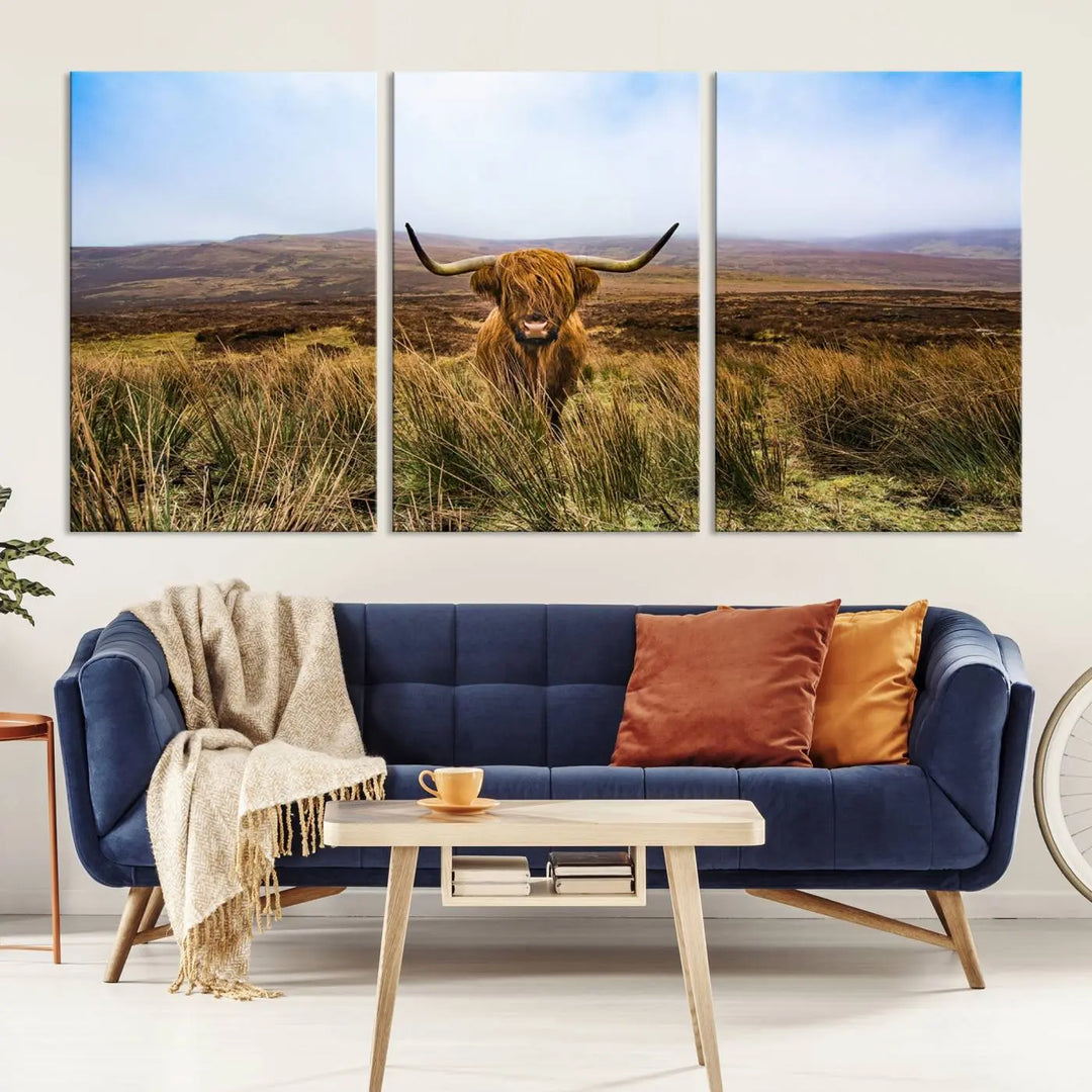 Scottish Highland Cow Cattle Art Print on Farmhouse Wall Art Canvas, crafted on premium gallery-wrapped, museum-quality canvas.