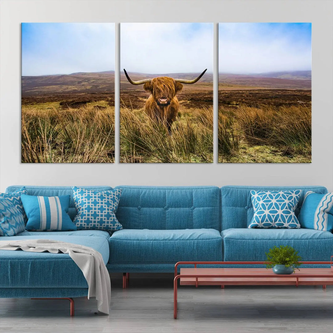 Scottish Highland Cow Cattle Art Print on Farmhouse Wall Art Canvas, crafted on premium gallery-wrapped, museum-quality canvas.