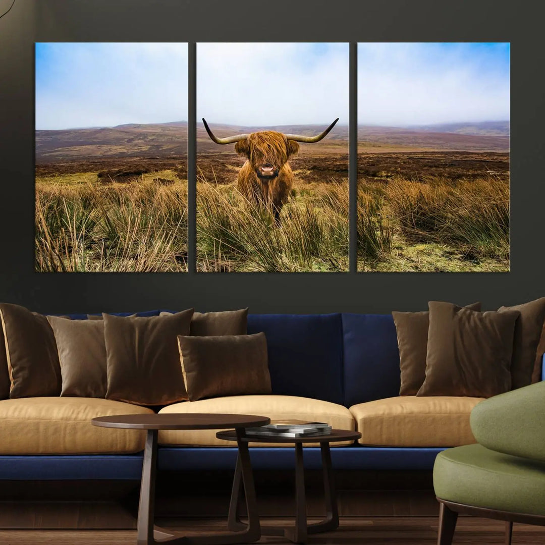 Scottish Highland Cow Cattle Art Print on Farmhouse Wall Art Canvas, crafted on premium gallery-wrapped, museum-quality canvas.