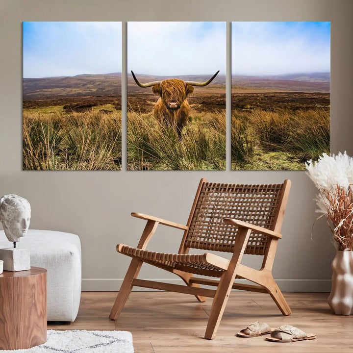 Scottish Highland Cow Cattle Art Print on Farmhouse Wall Art Canvas, crafted on premium gallery-wrapped, museum-quality canvas.