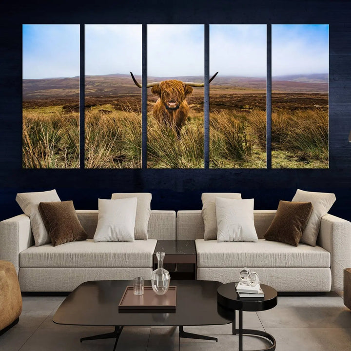 Scottish Highland Cow Cattle Art Print on Farmhouse Wall Art Canvas, crafted on premium gallery-wrapped, museum-quality canvas.