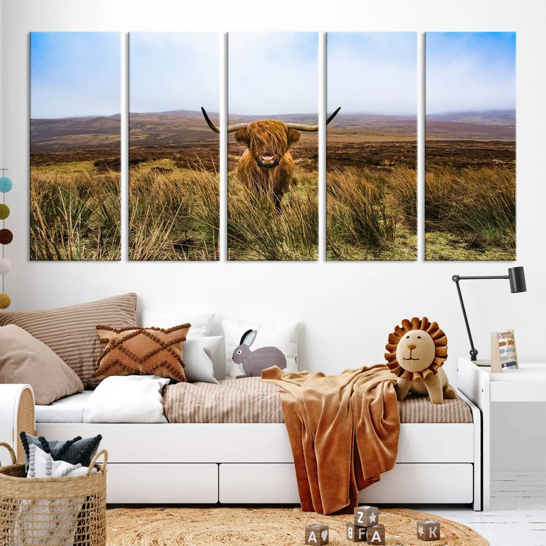 Scottish Highland Cow Cattle Art Print on Farmhouse Wall Art Canvas, crafted on premium gallery-wrapped, museum-quality canvas.