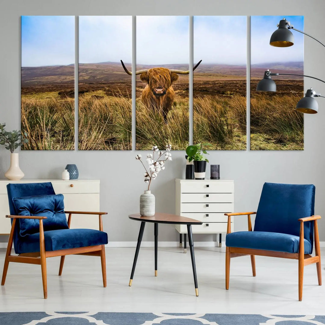 Scottish Highland Cow Cattle Art Print on Farmhouse Wall Art Canvas, crafted on premium gallery-wrapped, museum-quality canvas.