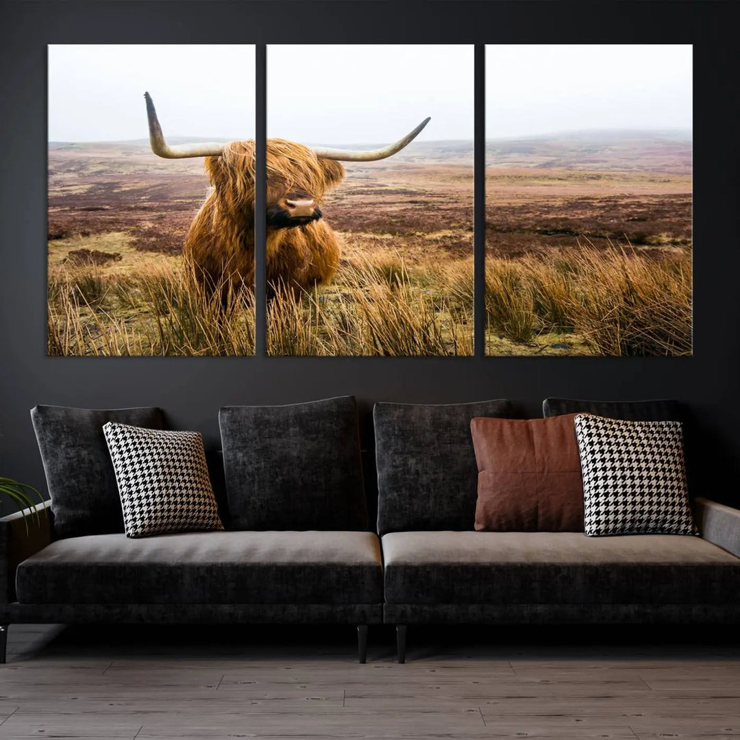 Hanging on the wall is a triptych of the "Scottish Highland Cow Cattle Art Print Farmhouse Wall Art Canvas Print." This museum-quality canvas is ready to hang and features a UV-protective coating, ensuring lasting vibrancy.