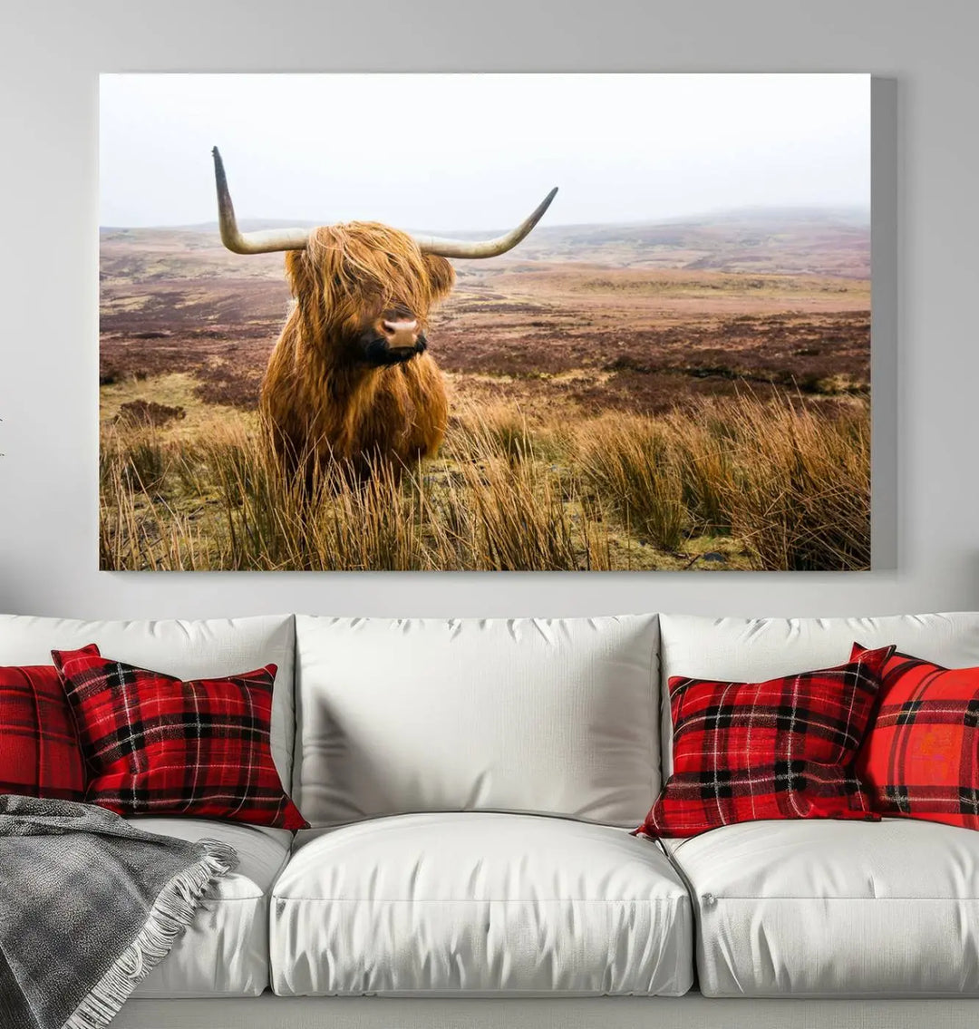 Hanging on the wall is a triptych of the "Scottish Highland Cow Cattle Art Print Farmhouse Wall Art Canvas Print." This museum-quality canvas is ready to hang and features a UV-protective coating, ensuring lasting vibrancy.