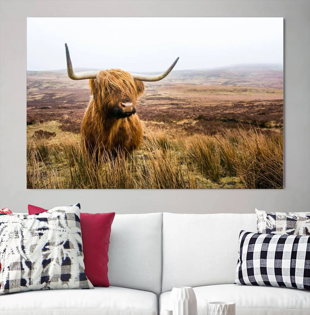 Hanging on the wall is a triptych of the "Scottish Highland Cow Cattle Art Print Farmhouse Wall Art Canvas Print." This museum-quality canvas is ready to hang and features a UV-protective coating, ensuring lasting vibrancy.