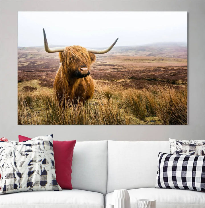 Hanging on the wall is a triptych of the "Scottish Highland Cow Cattle Art Print Farmhouse Wall Art Canvas Print." This museum-quality canvas is ready to hang and features a UV-protective coating, ensuring lasting vibrancy.