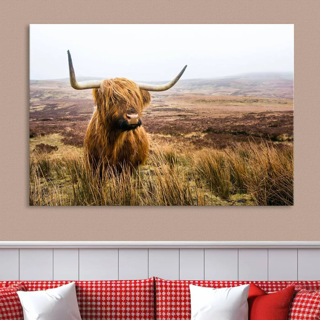 Hanging on the wall is a triptych of the "Scottish Highland Cow Cattle Art Print Farmhouse Wall Art Canvas Print." This museum-quality canvas is ready to hang and features a UV-protective coating, ensuring lasting vibrancy.