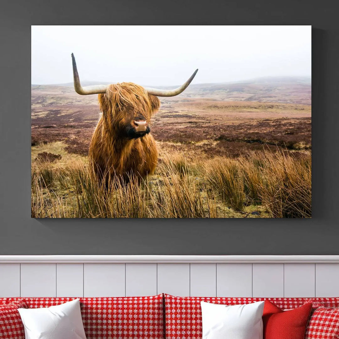 Hanging on the wall is a triptych of the "Scottish Highland Cow Cattle Art Print Farmhouse Wall Art Canvas Print." This museum-quality canvas is ready to hang and features a UV-protective coating, ensuring lasting vibrancy.