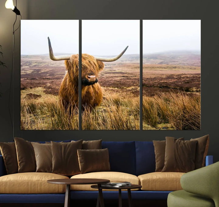 Hanging on the wall is a triptych of the "Scottish Highland Cow Cattle Art Print Farmhouse Wall Art Canvas Print." This museum-quality canvas is ready to hang and features a UV-protective coating, ensuring lasting vibrancy.