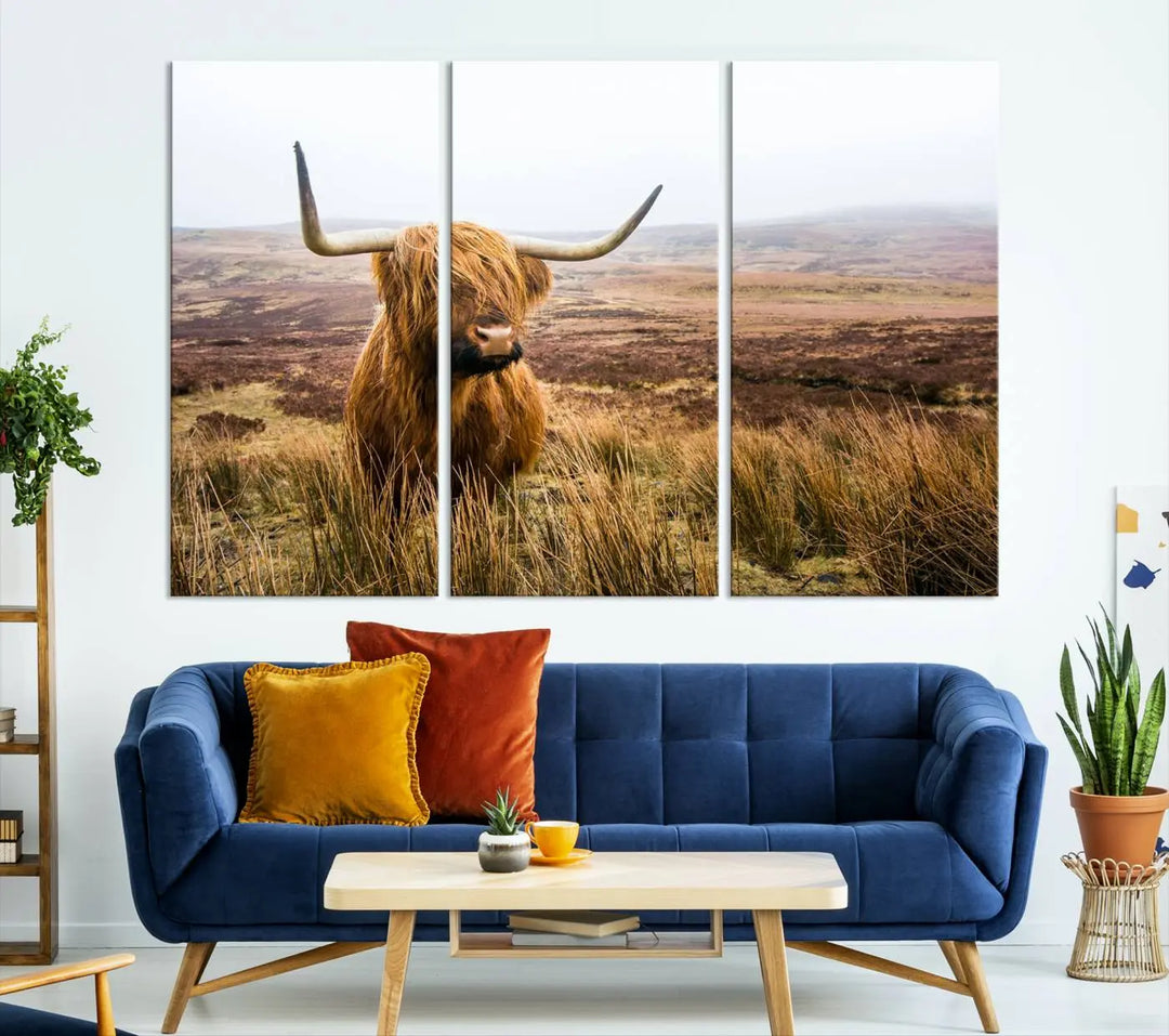 Hanging on the wall is a triptych of the "Scottish Highland Cow Cattle Art Print Farmhouse Wall Art Canvas Print." This museum-quality canvas is ready to hang and features a UV-protective coating, ensuring lasting vibrancy.