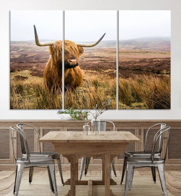 Hanging on the wall is a triptych of the "Scottish Highland Cow Cattle Art Print Farmhouse Wall Art Canvas Print." This museum-quality canvas is ready to hang and features a UV-protective coating, ensuring lasting vibrancy.