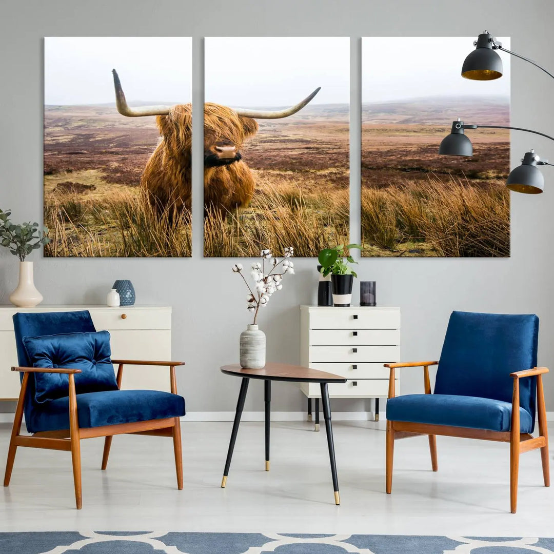 Hanging on the wall is a triptych of the "Scottish Highland Cow Cattle Art Print Farmhouse Wall Art Canvas Print." This museum-quality canvas is ready to hang and features a UV-protective coating, ensuring lasting vibrancy.