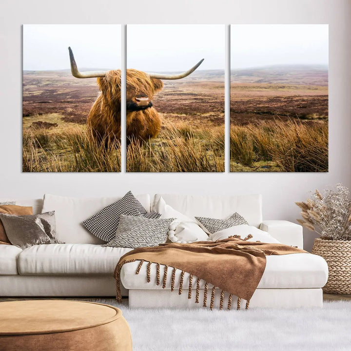 Hanging on the wall is a triptych of the "Scottish Highland Cow Cattle Art Print Farmhouse Wall Art Canvas Print." This museum-quality canvas is ready to hang and features a UV-protective coating, ensuring lasting vibrancy.