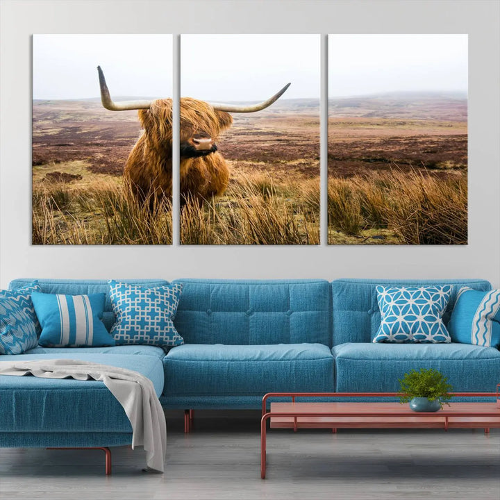 Hanging on the wall is a triptych of the "Scottish Highland Cow Cattle Art Print Farmhouse Wall Art Canvas Print." This museum-quality canvas is ready to hang and features a UV-protective coating, ensuring lasting vibrancy.