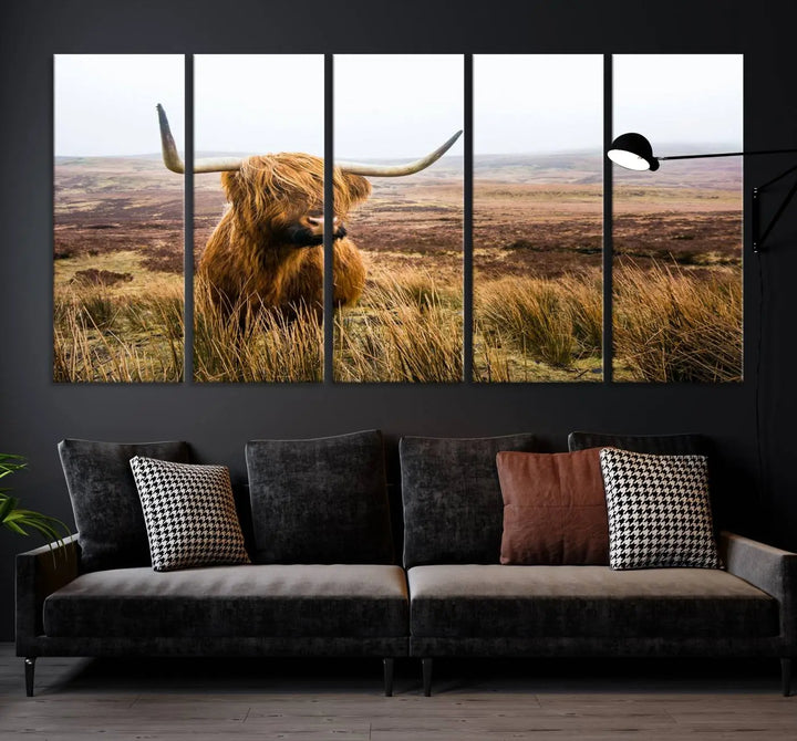 Hanging on the wall is a triptych of the "Scottish Highland Cow Cattle Art Print Farmhouse Wall Art Canvas Print." This museum-quality canvas is ready to hang and features a UV-protective coating, ensuring lasting vibrancy.