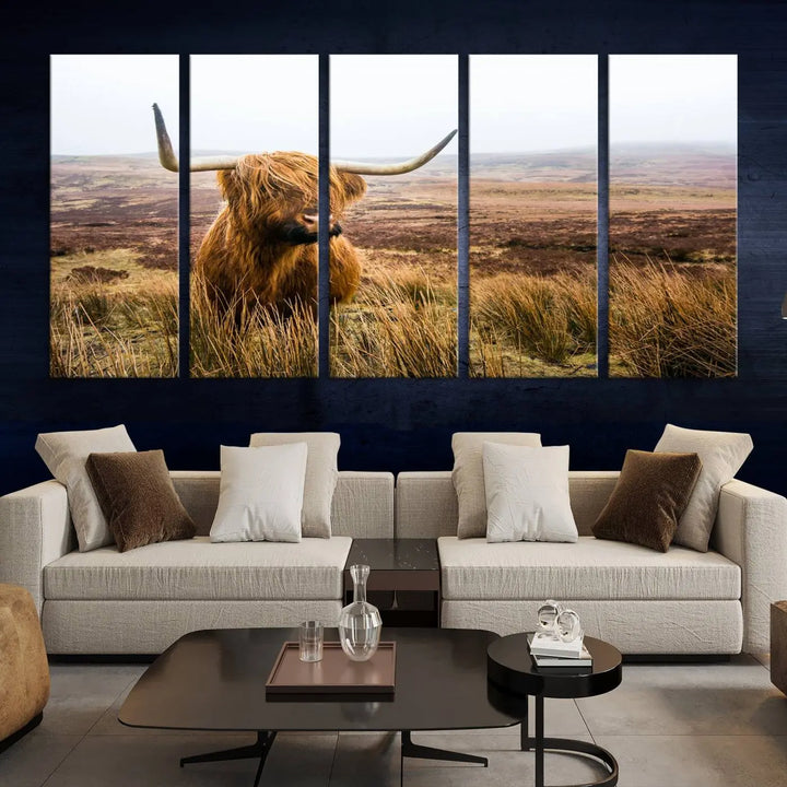 Hanging on the wall is a triptych of the "Scottish Highland Cow Cattle Art Print Farmhouse Wall Art Canvas Print." This museum-quality canvas is ready to hang and features a UV-protective coating, ensuring lasting vibrancy.