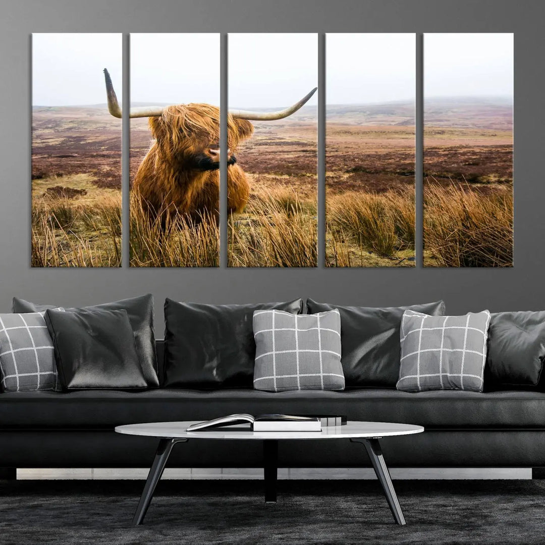 Hanging on the wall is a triptych of the "Scottish Highland Cow Cattle Art Print Farmhouse Wall Art Canvas Print." This museum-quality canvas is ready to hang and features a UV-protective coating, ensuring lasting vibrancy.