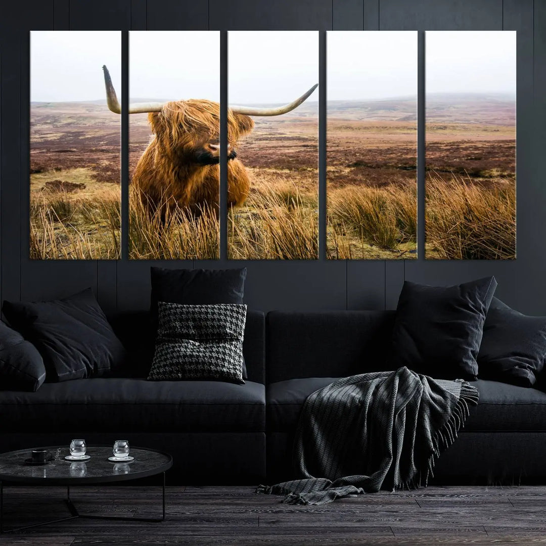 Hanging on the wall is a triptych of the "Scottish Highland Cow Cattle Art Print Farmhouse Wall Art Canvas Print." This museum-quality canvas is ready to hang and features a UV-protective coating, ensuring lasting vibrancy.