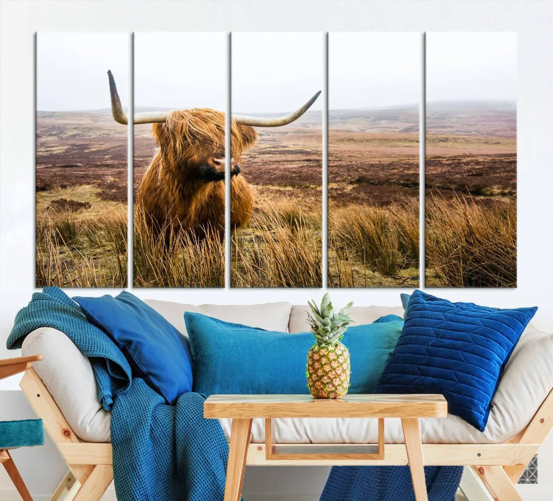 Hanging on the wall is a triptych of the "Scottish Highland Cow Cattle Art Print Farmhouse Wall Art Canvas Print." This museum-quality canvas is ready to hang and features a UV-protective coating, ensuring lasting vibrancy.