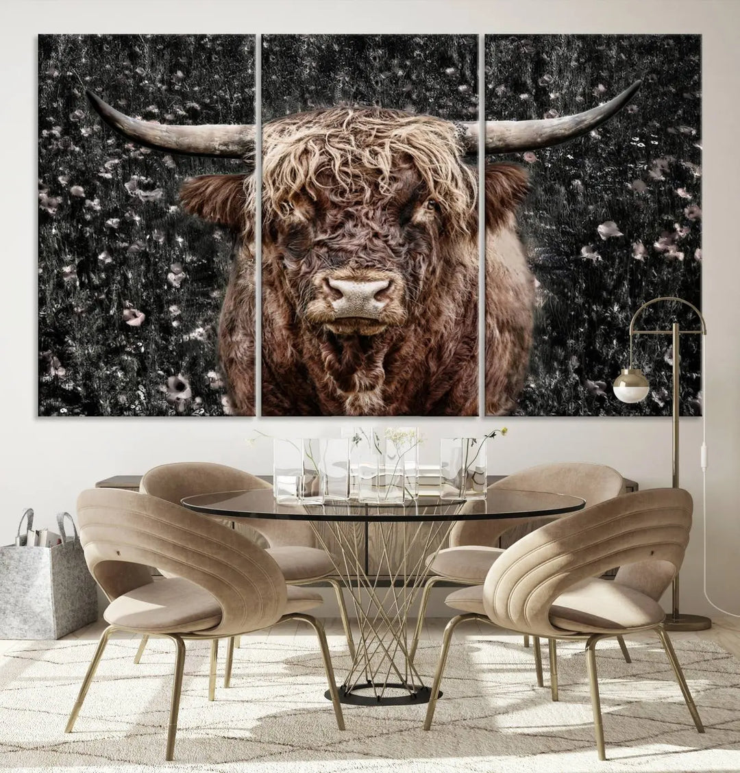 The Scottish Highland Cow Cattle Art Print, featuring a majestic cow with long horns and shaggy fur, is gallery wrapped on canvas for a refined finish.