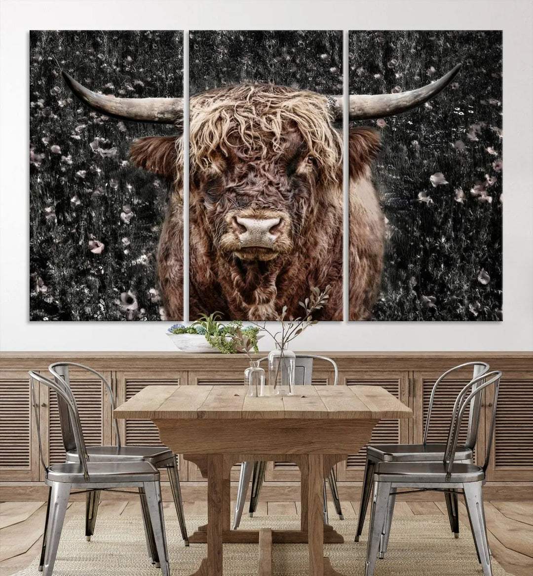 The Scottish Highland Cow Cattle Art Print, featuring a majestic cow with long horns and shaggy fur, is gallery wrapped on canvas for a refined finish.