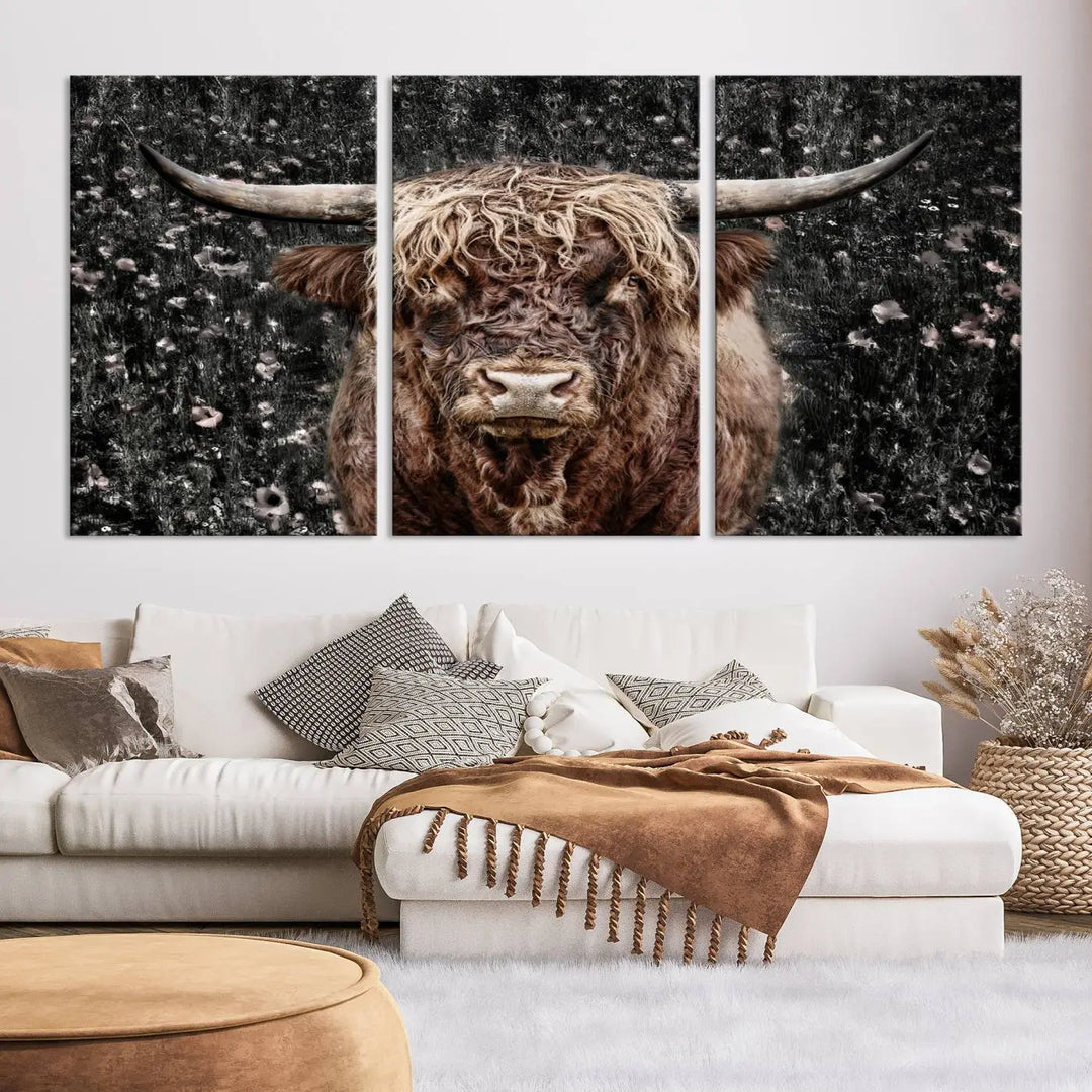 The Scottish Highland Cow Cattle Art Print, featuring a majestic cow with long horns and shaggy fur, is gallery wrapped on canvas for a refined finish.