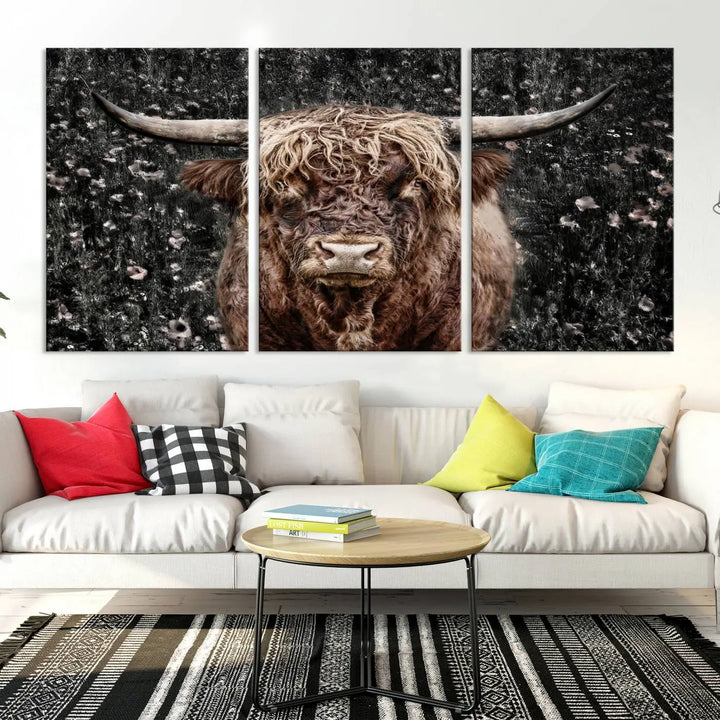 The Scottish Highland Cow Cattle Art Print, featuring a majestic cow with long horns and shaggy fur, is gallery wrapped on canvas for a refined finish.