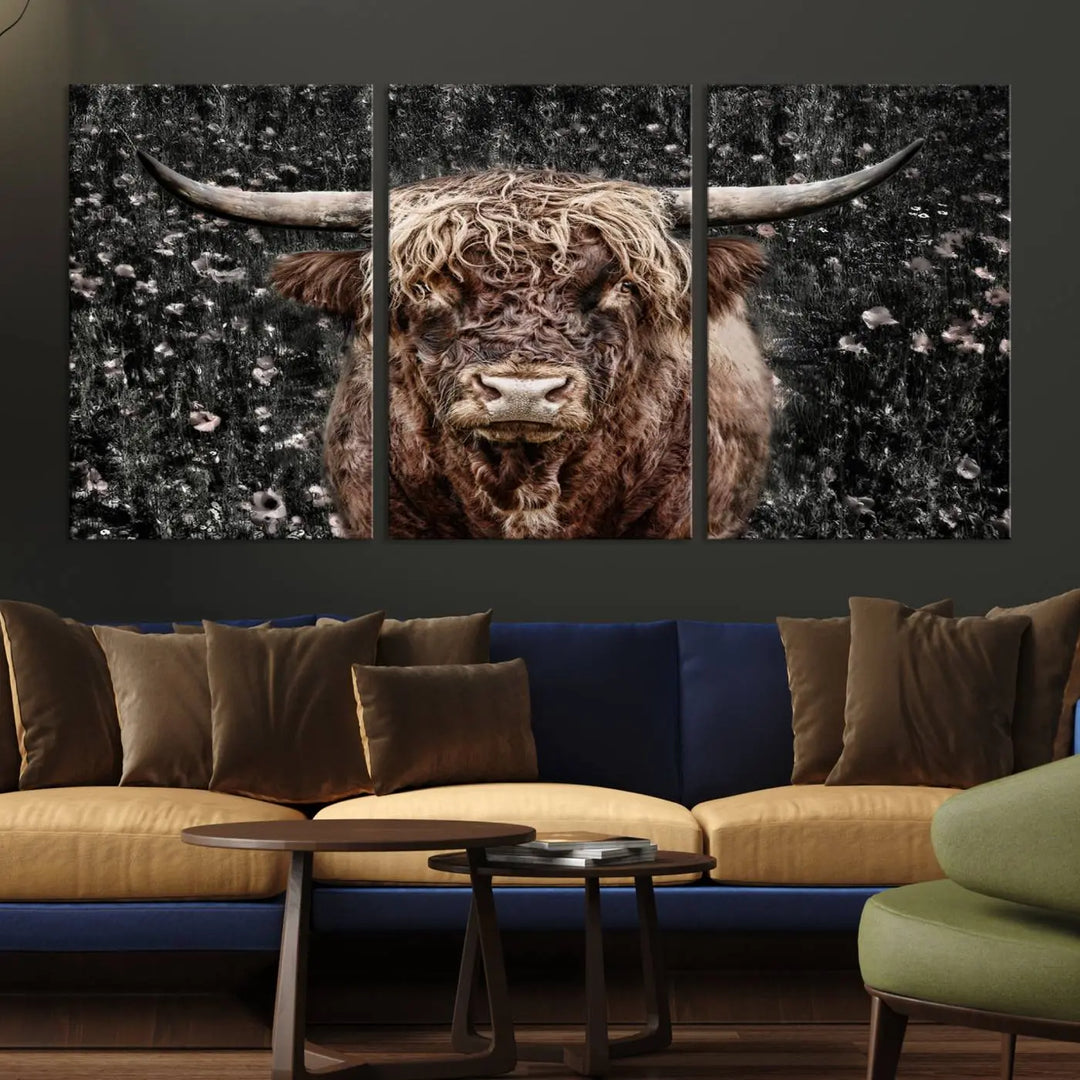 The Scottish Highland Cow Cattle Art Print, featuring a majestic cow with long horns and shaggy fur, is gallery wrapped on canvas for a refined finish.